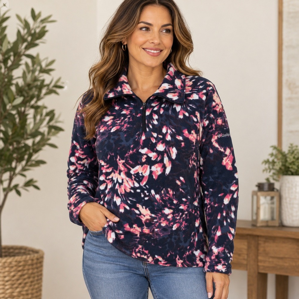 Columbia Womens XL Fleece Quarter Zip Pullover Abstract Floral Navy Pink White